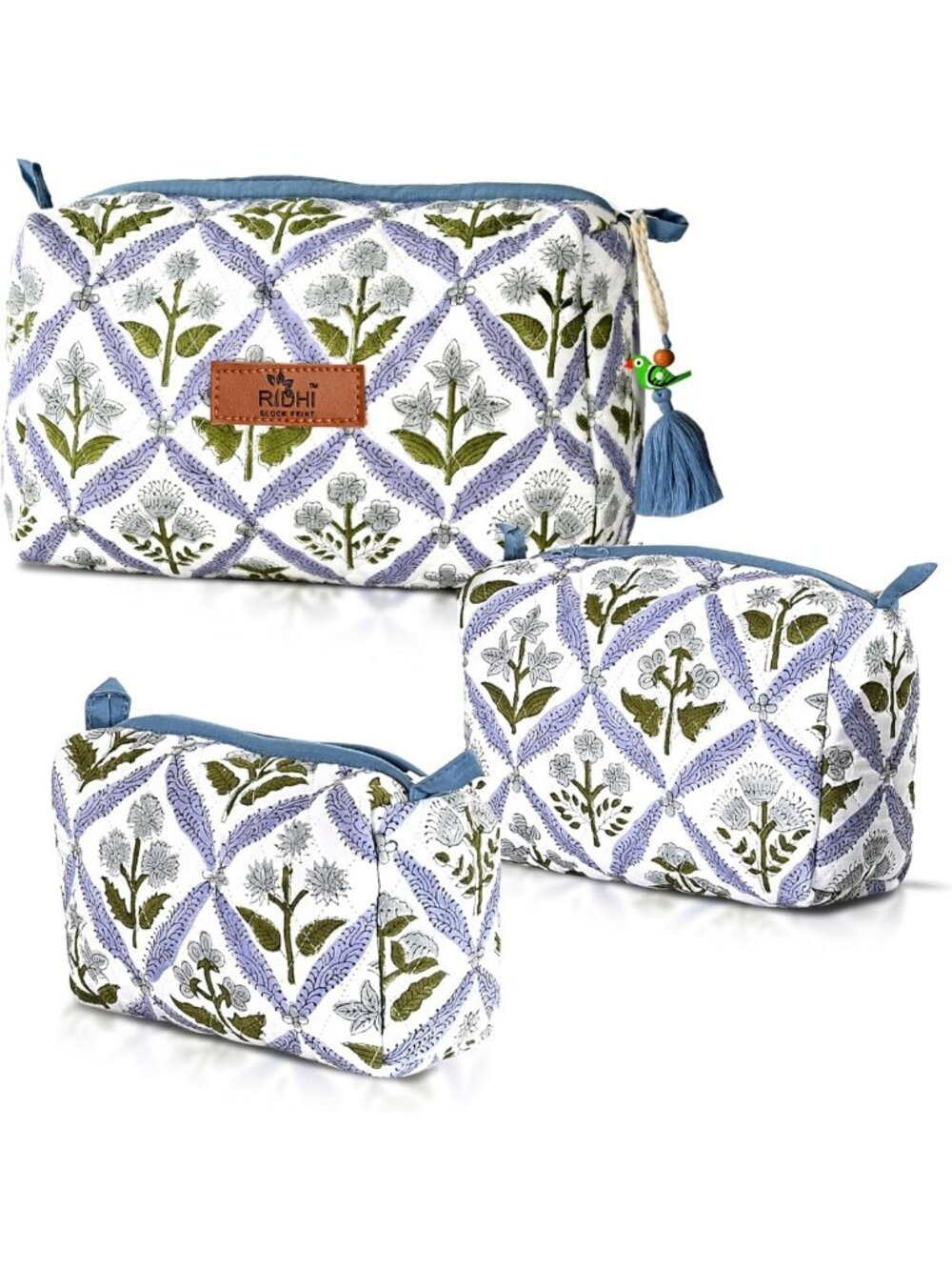 Set of 3 Light Steel Blue Cotton Toiletry Bags - Hand Block Print Design